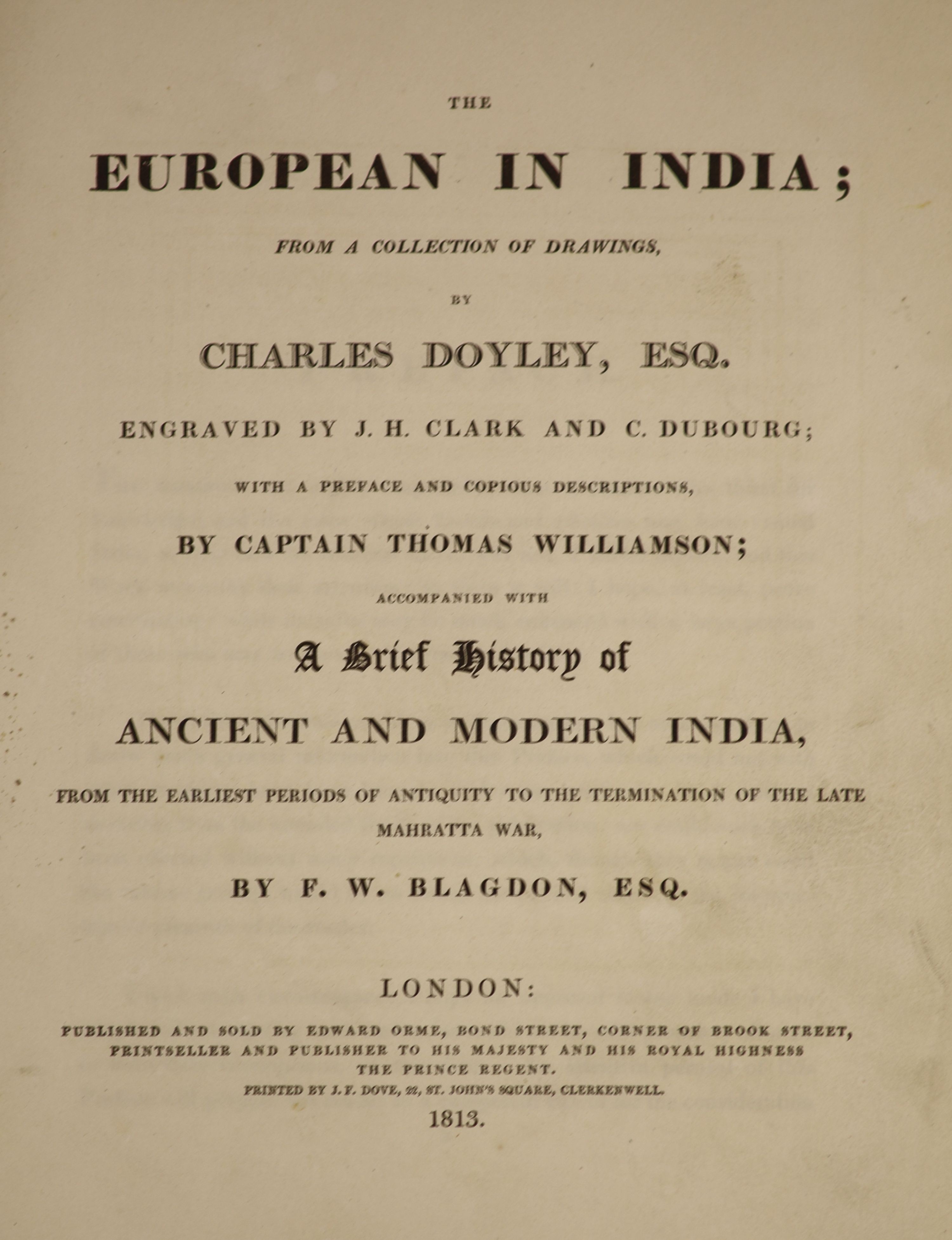 Williamson, Thomas, Capt. and Blagdon, Francis William - The European in India, qto, straight-grained green morocco, with gilt double line borders, with 20 hand-coloured aquatint plates, by Charles Doyley, lacking half t